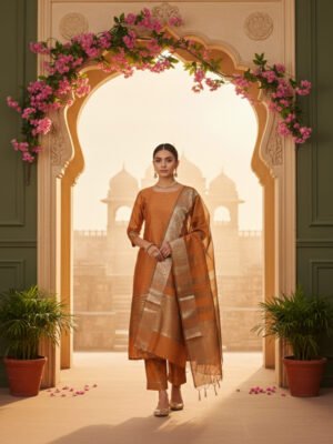 Copper Brown Silk Blend Unstitched Suit Set