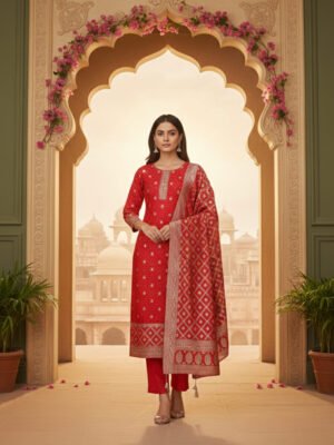 Bright Red Traditional Unstitched Suit Set