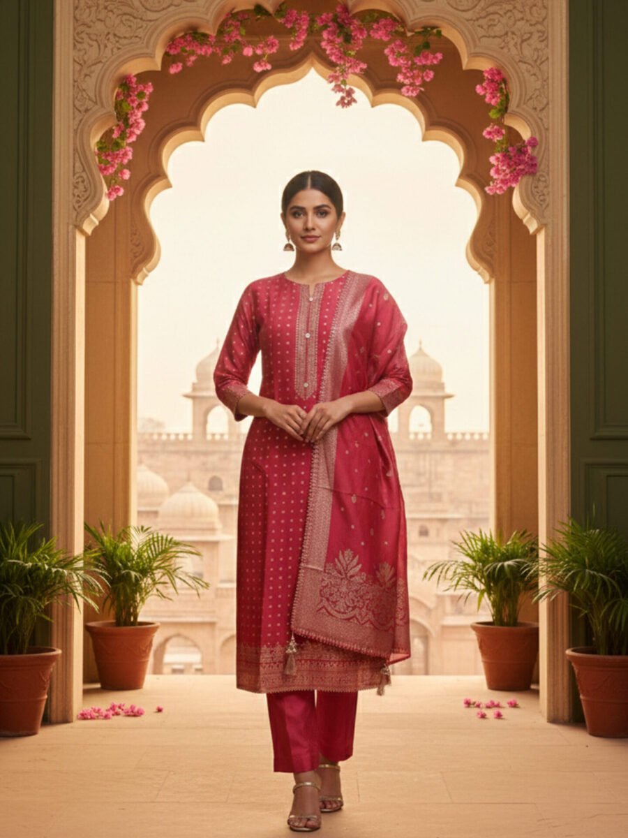 Rose Pink Silk Blend Unstitched Suit Set