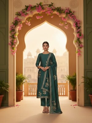 Teal Green Embroidered Silk Blend Unstitched Suit Set