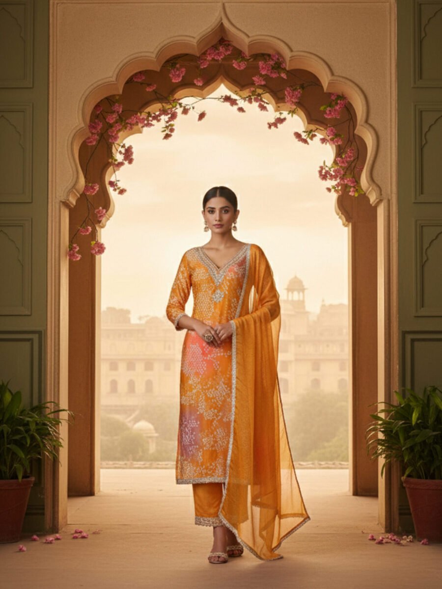 Orange Bandhani Style Unstitched Suit Set