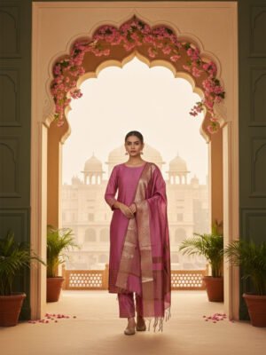 Magenta Pink Silk Blend Unstitched Suit Set