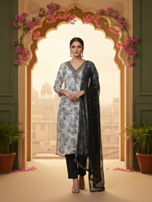 White & Black Floral Silk Blend Unstitched Suit Set
