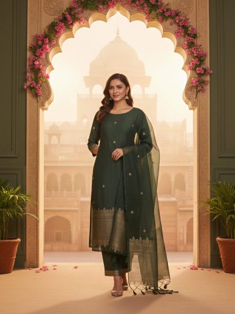 Bottle Green Silk Blend Unstitched Suit Set