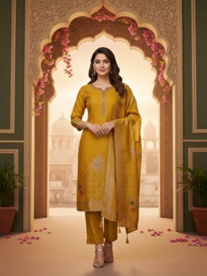 Mustard Yellow Silk Blend Unstitched Suit Set