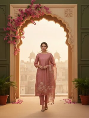 Dusty Peach Silk Blend Unstitched Suit Set