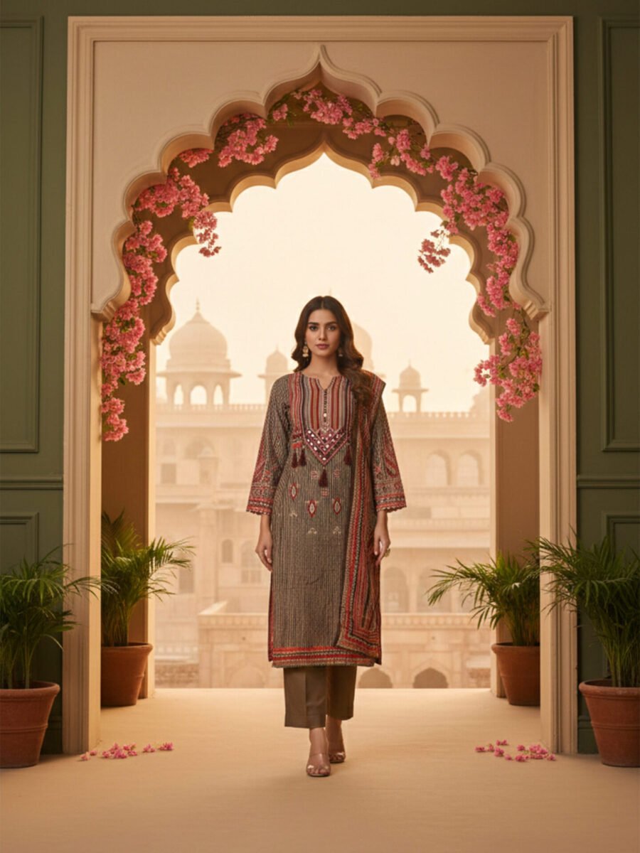 Brown & Rust Ethnic Printed Unstitched Suit Set