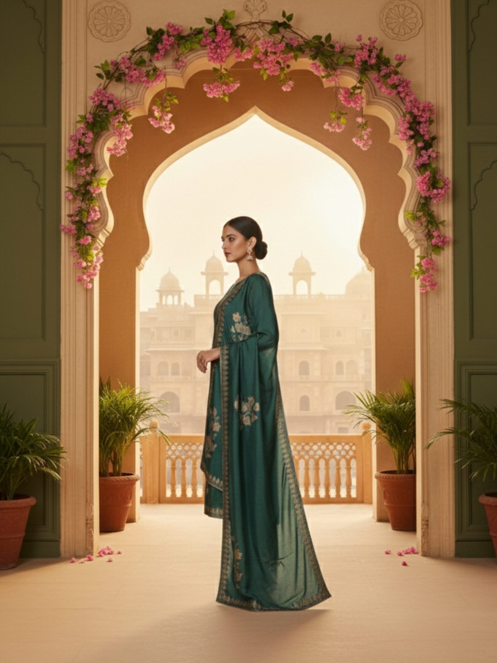 Teal Green Embroidered Silk Blend Unstitched Suit Set - Image 3