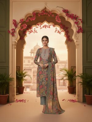 Olive Grey Floral Printed Unstitched Suit Set