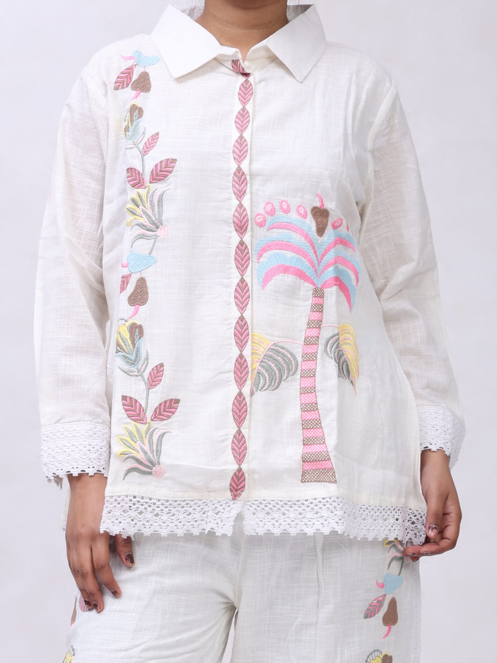White Collared Co-ord Set with Pastel Tropical Palm Embroidery and Lace Summer Vacation Wear Women - Image 5
