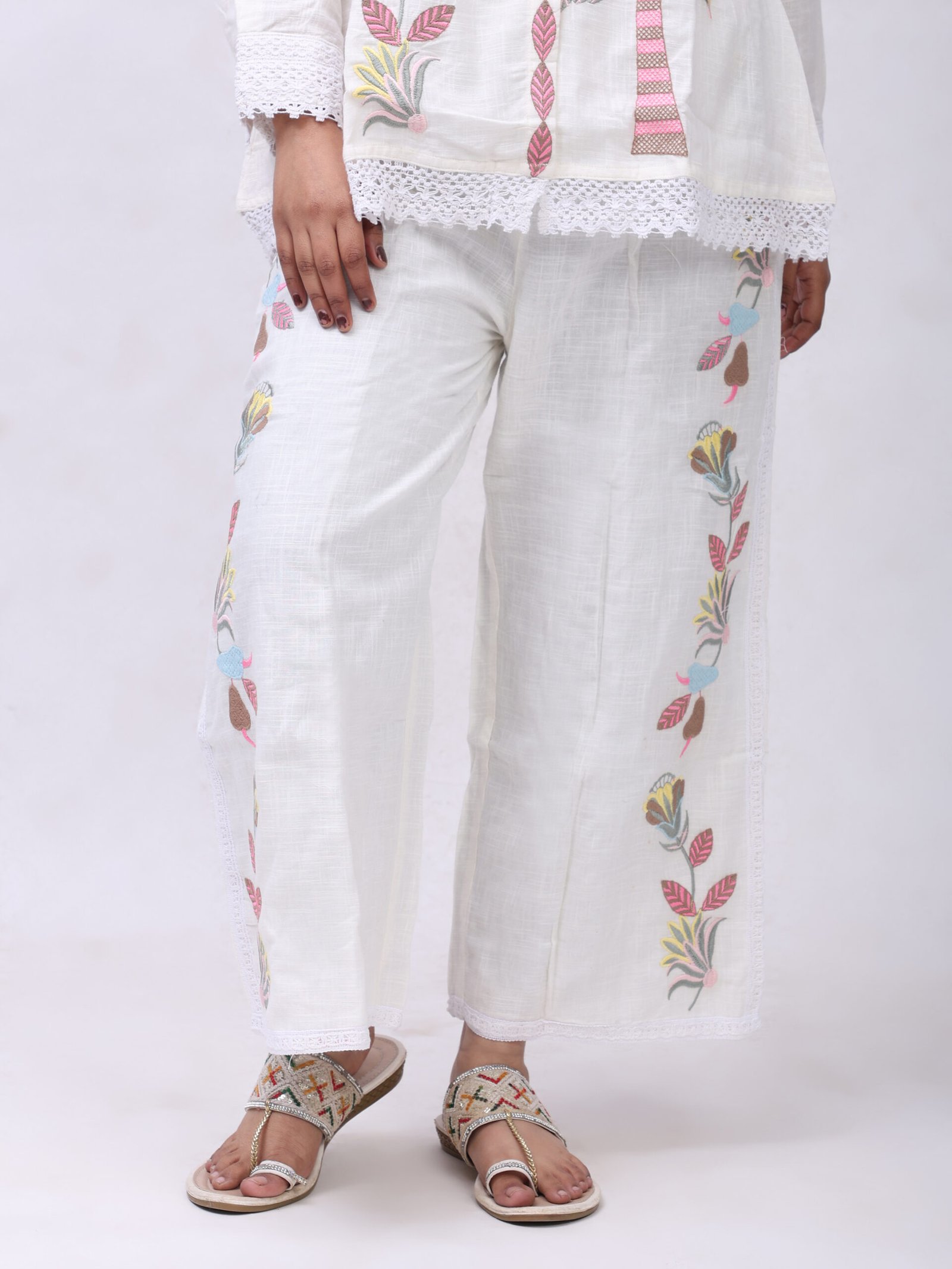 White Collared Co-ord Set with Pastel Tropical Palm Embroidery and Lace Summer Vacation Wear Women - Image 4