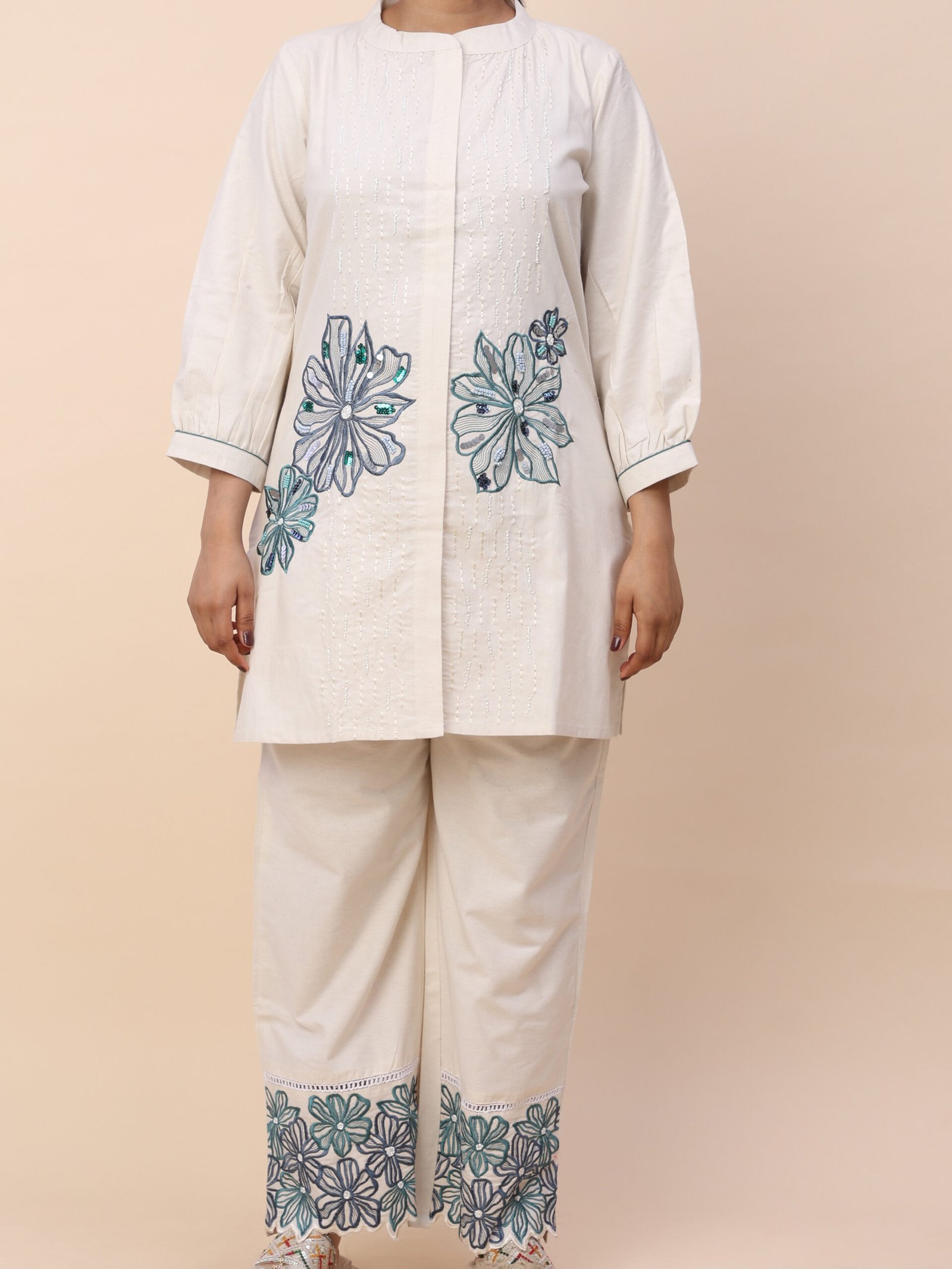Off White Cream Cotton Co-ord Set with Blue Floral Embroidery and Scalloped Pants Casual Summer Wear Women - Image 3