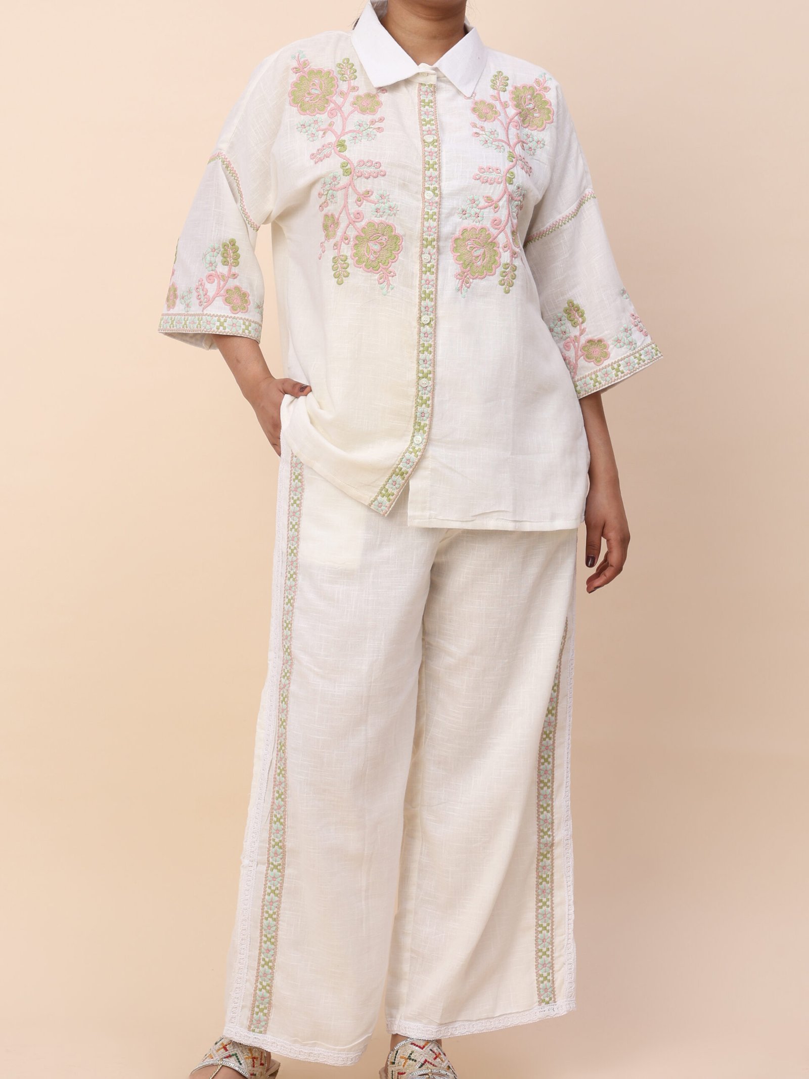 Off White Cream Linen Co-ord Set with Pink Green Floral Embroidery Summer Lounge Wear Women - Image 4