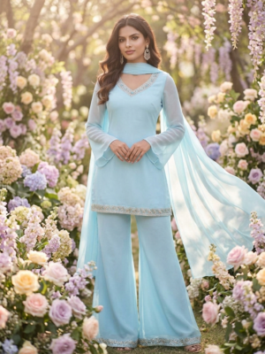 Pastel Blue Kurta Palazzo Dupatta Set