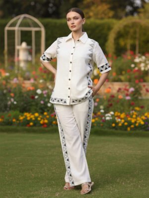 White Short Sleeve Co-ord Set with Bold Black Aztec Geometric Embroidery Casual Summer Wear Women