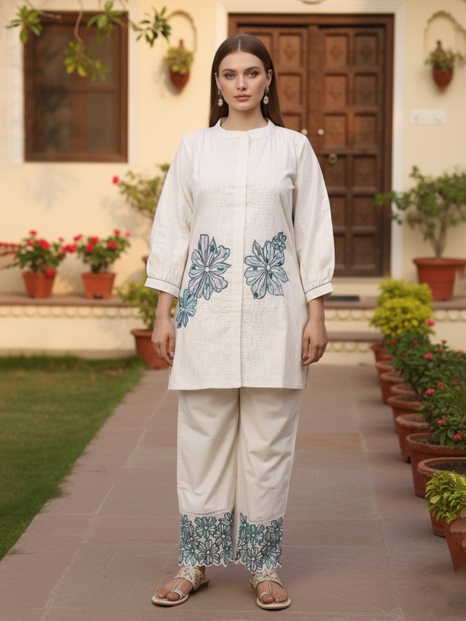 Off White Cream Cotton Co-ord Set with Blue Floral Embroidery and Scalloped Pants Casual Summer Wear Women