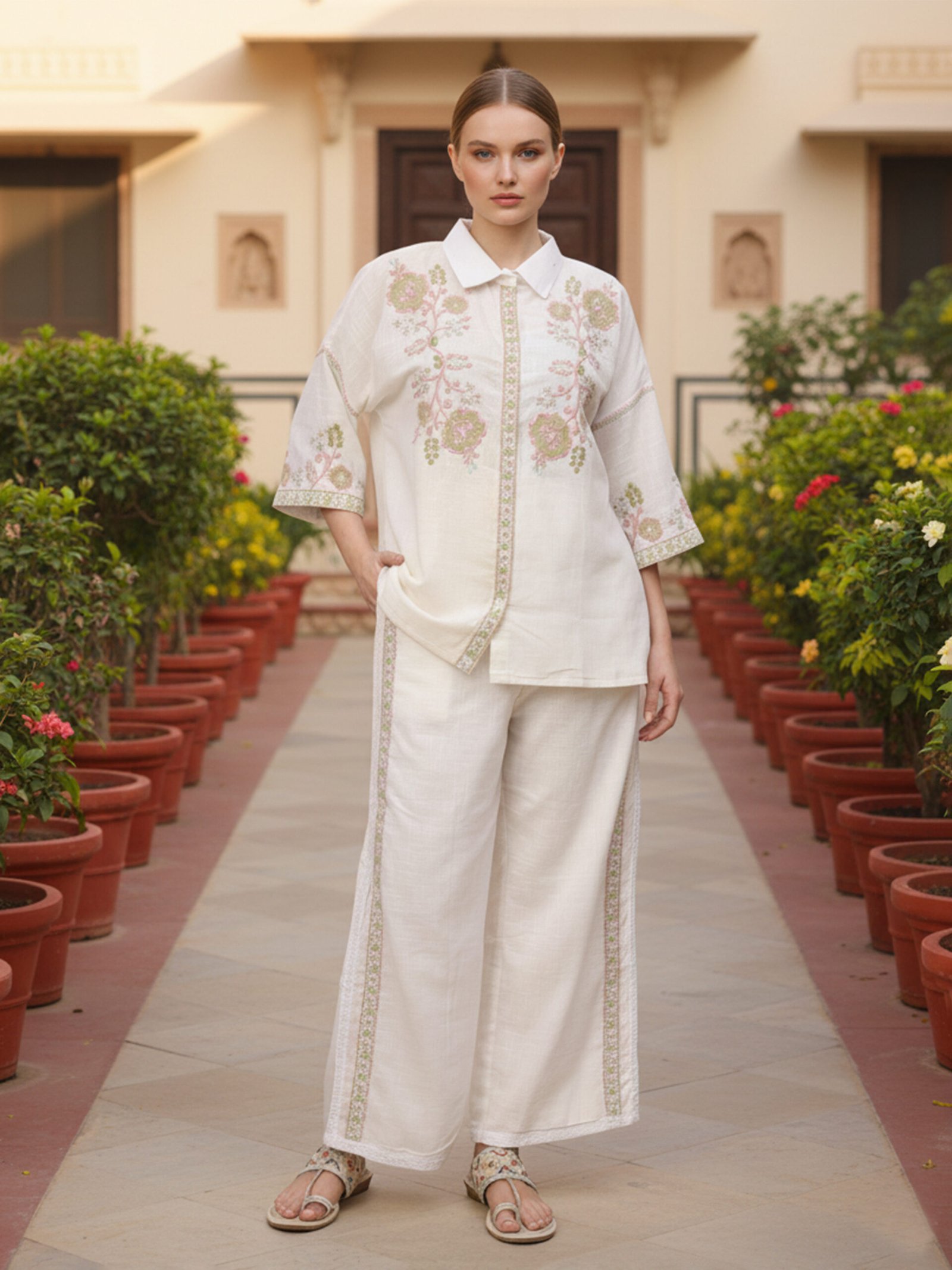 Off White Cream Linen Co-ord Set with Pink Green Floral Embroidery Summer Lounge Wear Women