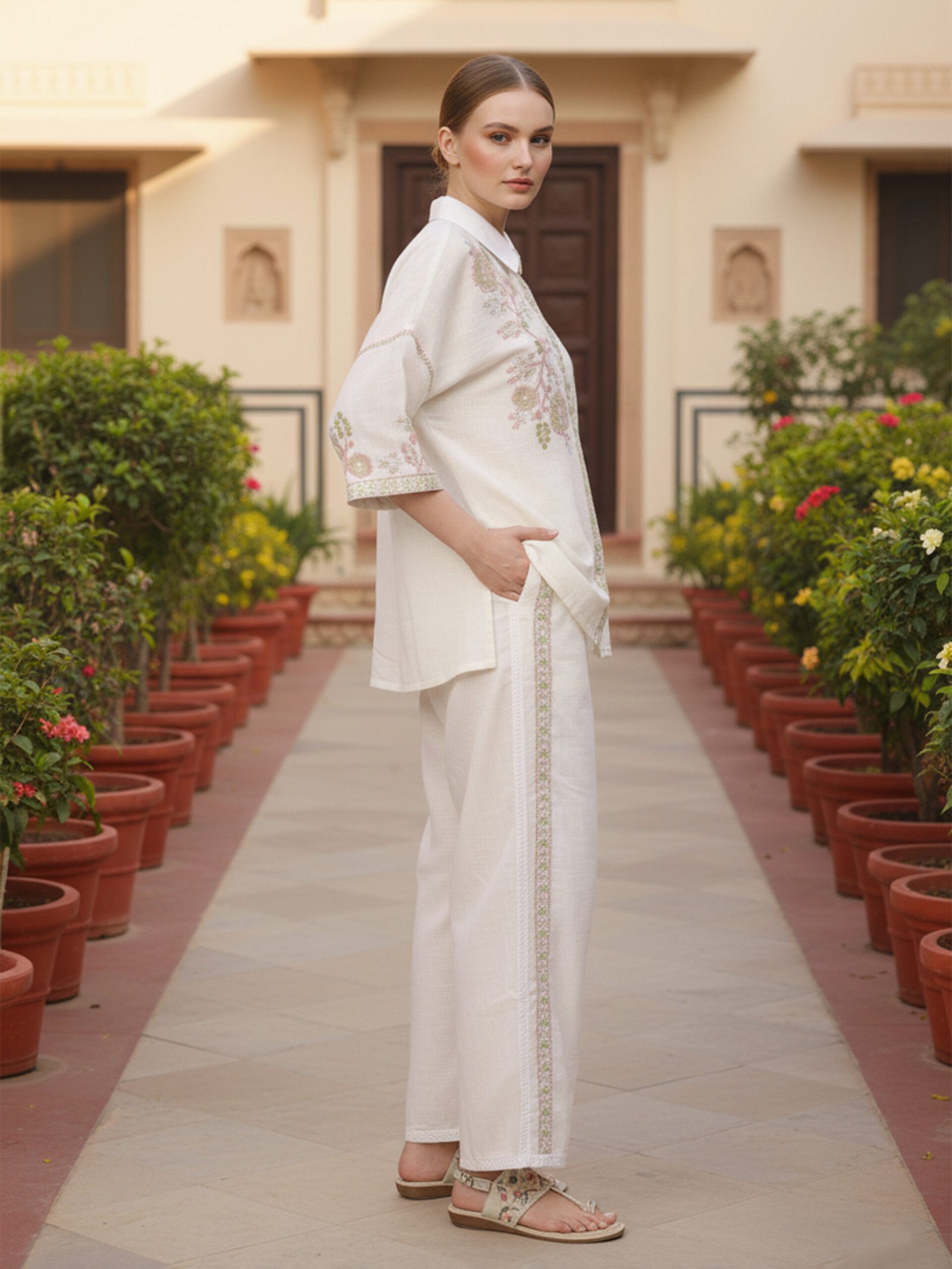 Off White Cream Linen Co-ord Set with Pink Green Floral Embroidery Summer Lounge Wear Women - Image 3