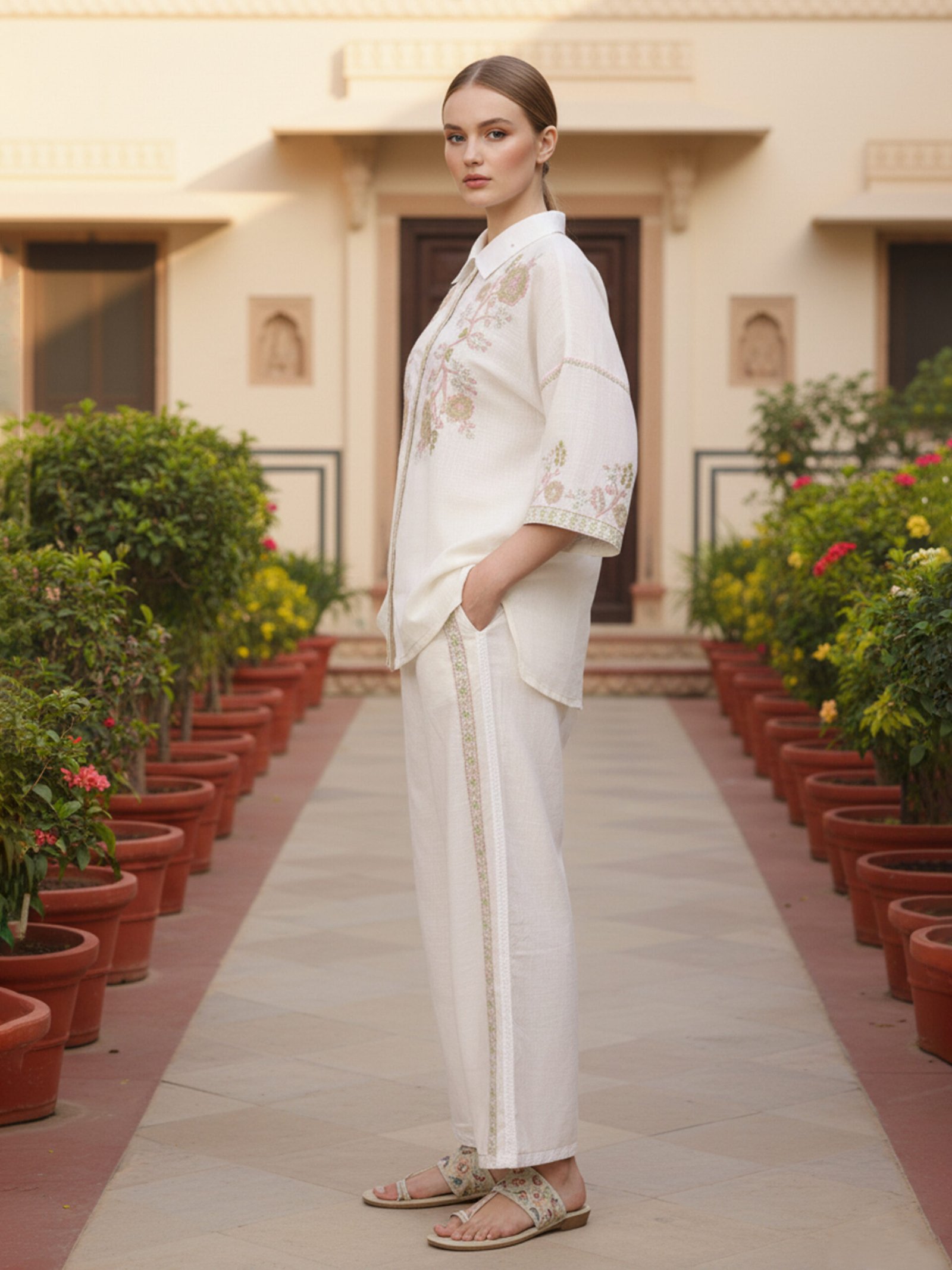 Off White Cream Linen Co-ord Set with Pink Green Floral Embroidery Summer Lounge Wear Women - Image 2