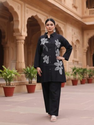 Black Button Down Kurta Tunic Co-ord Set with Large White Floral Embroidery Casual Office Wear Women