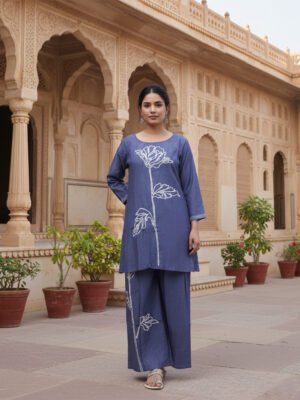 Slate Blue Kurta Tunic Co-ord Set with Large White Floral Outline Embroidery Casual Lounge Wear Women