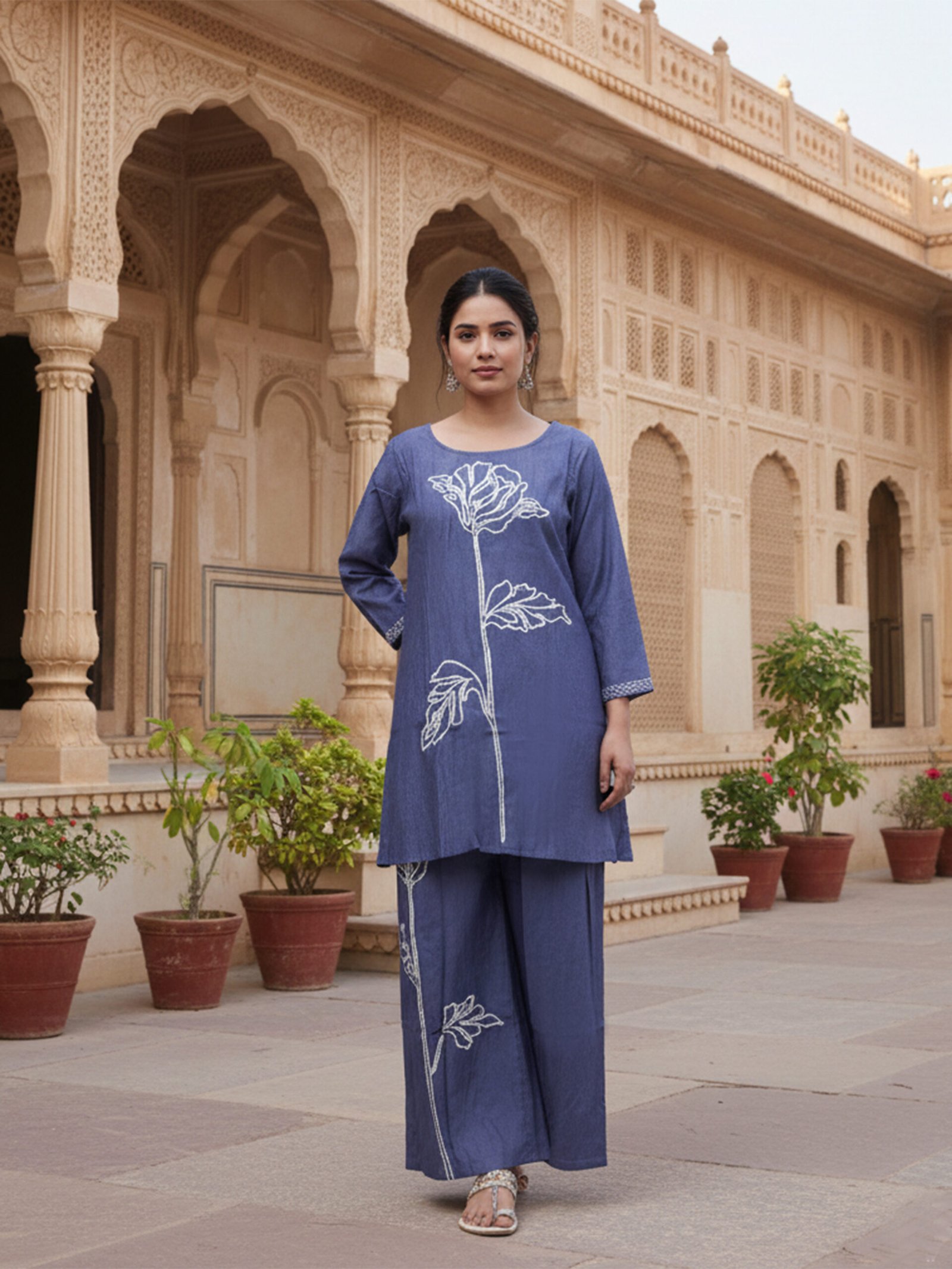Slate Blue Kurta Tunic Co-ord Set with Large White Floral Outline Embroidery Casual Lounge Wear Women