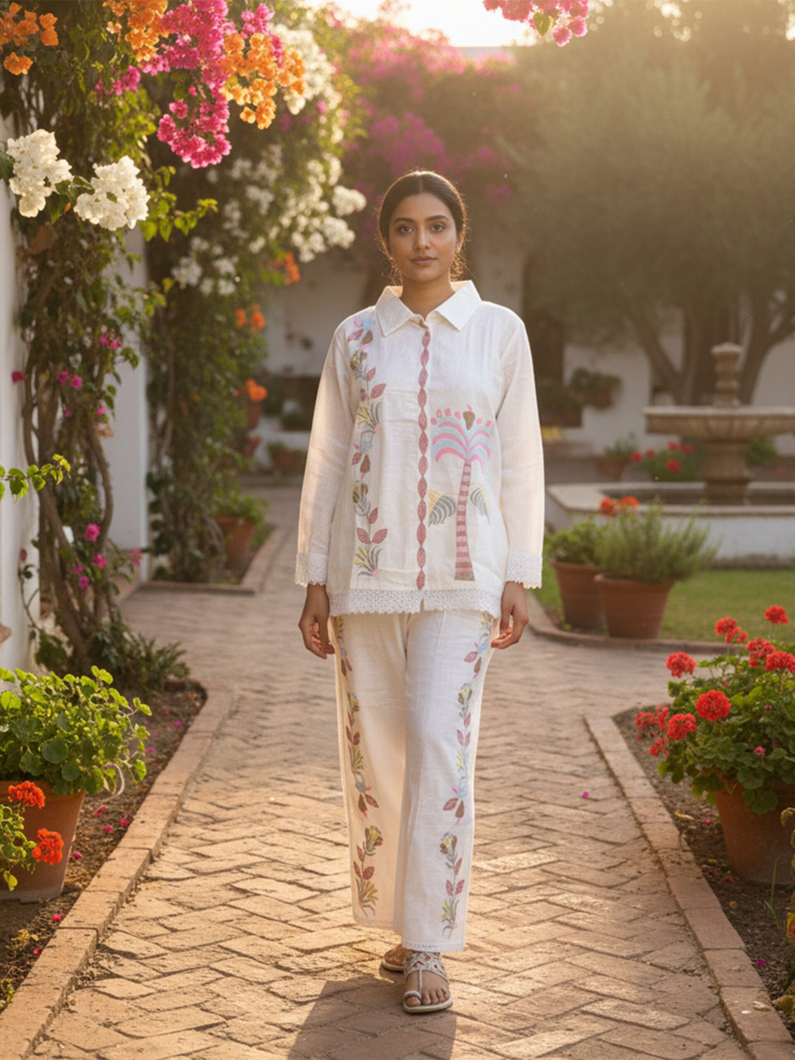 White Collared Co-ord Set with Pastel Tropical Palm Embroidery and Lace Summer Vacation Wear Women