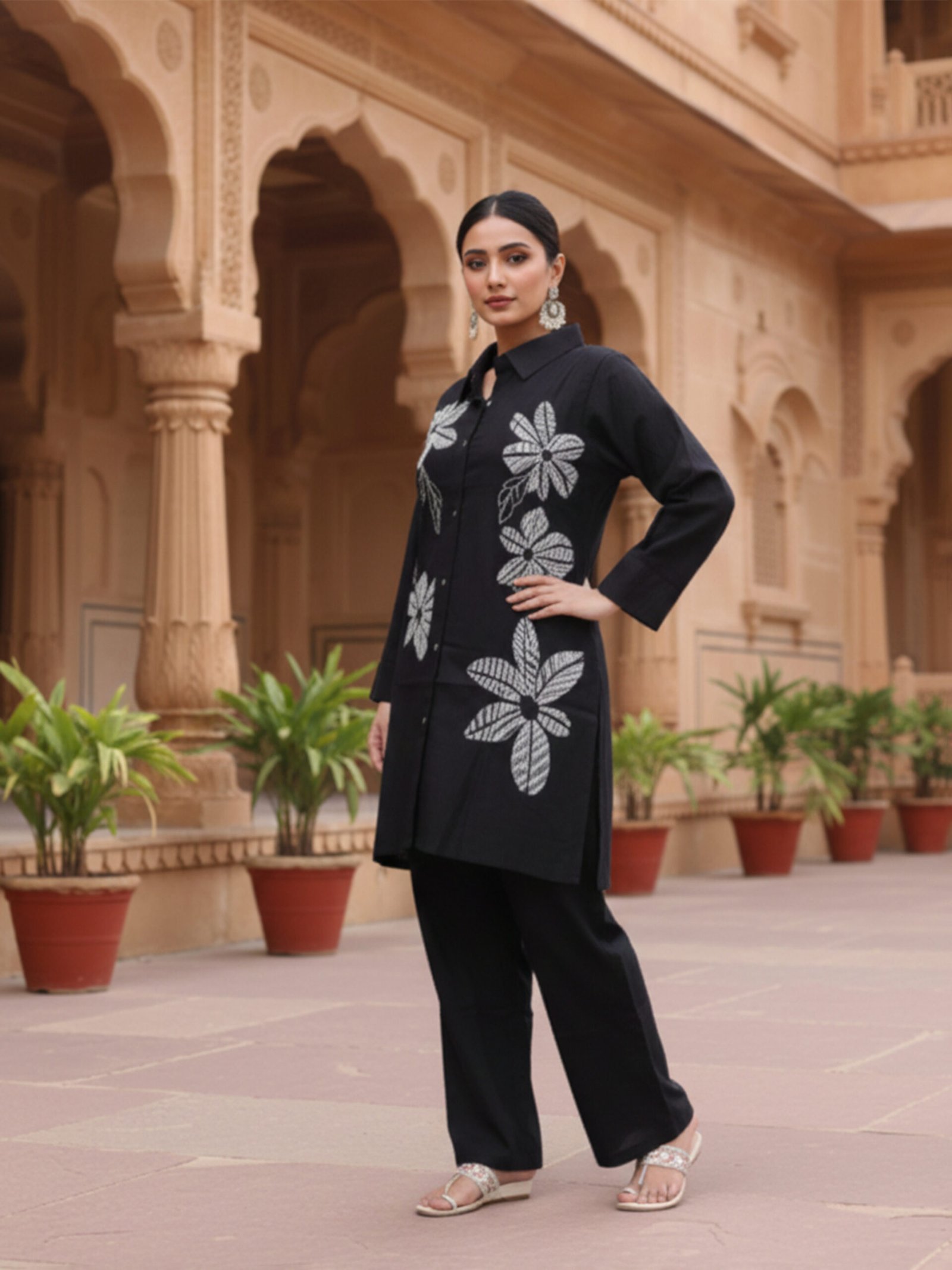 Black Button Down Kurta Tunic Co-ord Set with Large White Floral Embroidery Casual Office Wear Women - Image 3