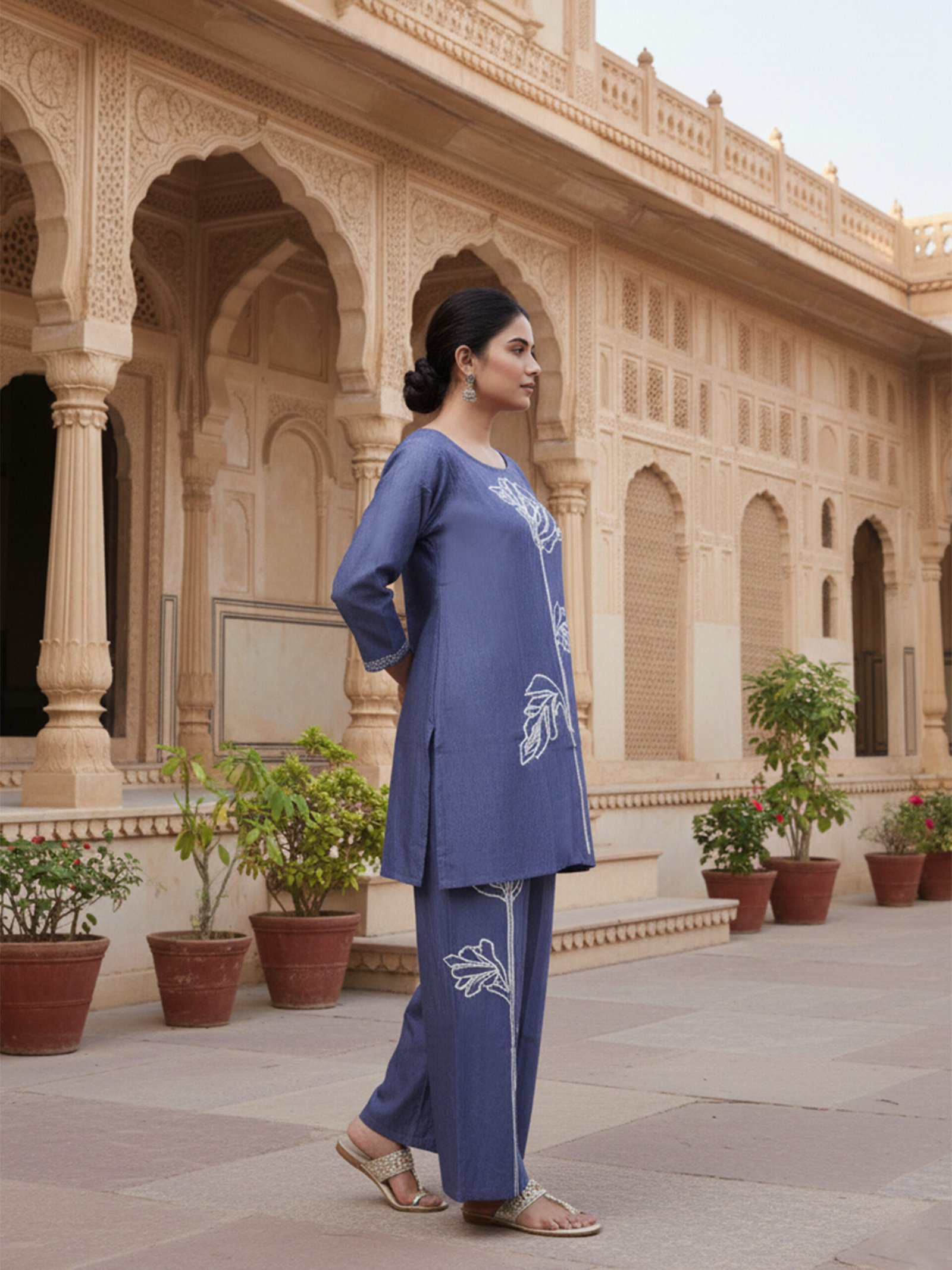 Slate Blue Kurta Tunic Co-ord Set with Large White Floral Outline Embroidery Casual Lounge Wear Women - Image 3