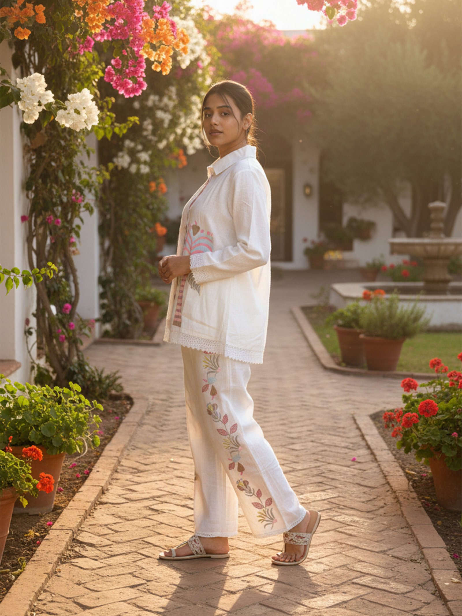 White Collared Co-ord Set with Pastel Tropical Palm Embroidery and Lace Summer Vacation Wear Women - Image 3