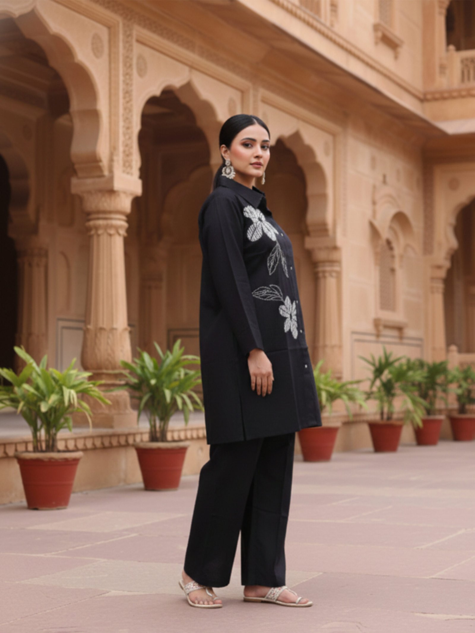 Black Button Down Kurta Tunic Co-ord Set with Large White Floral Embroidery Casual Office Wear Women - Image 2