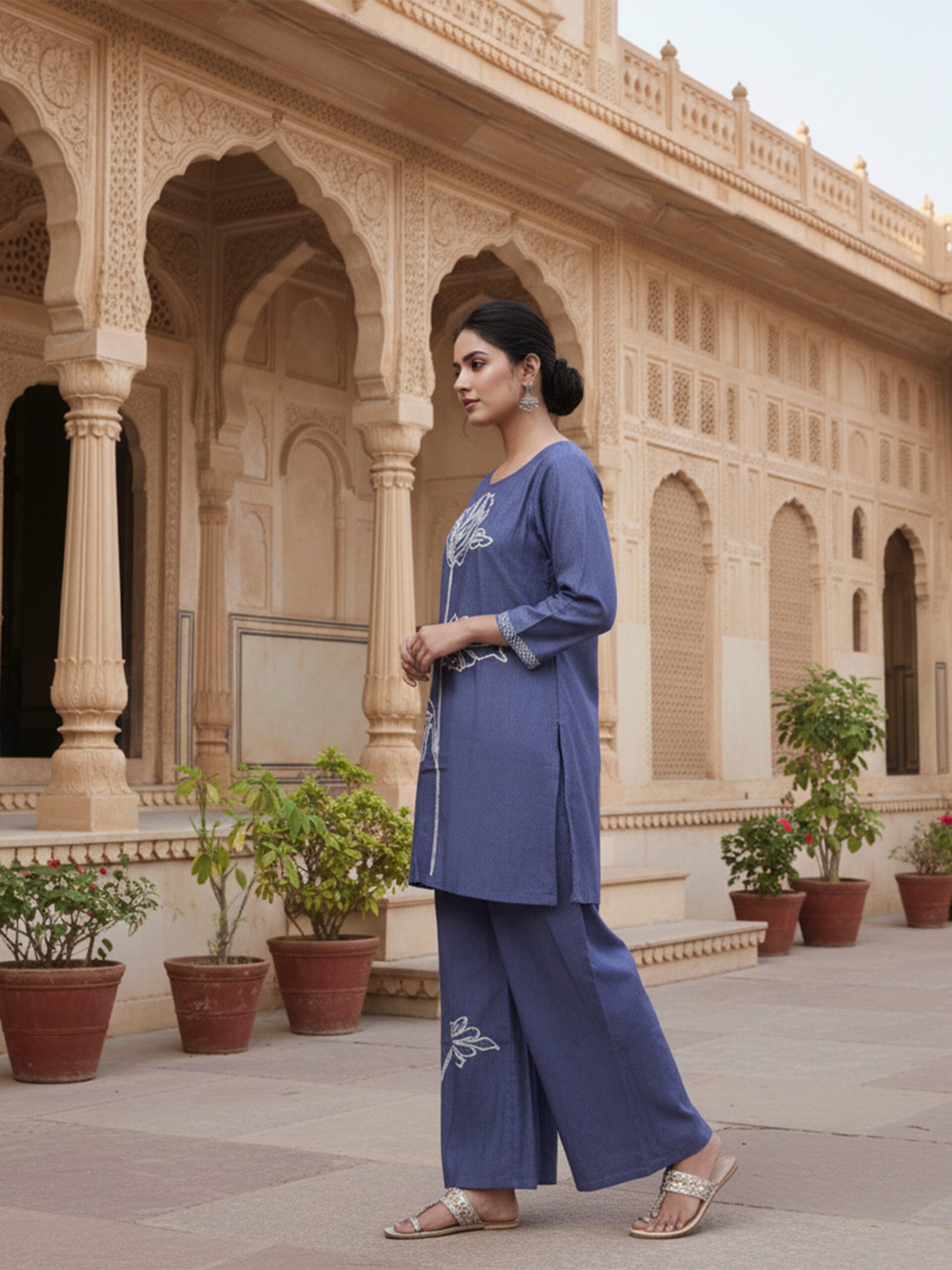 Slate Blue Kurta Tunic Co-ord Set with Large White Floral Outline Embroidery Casual Lounge Wear Women - Image 2