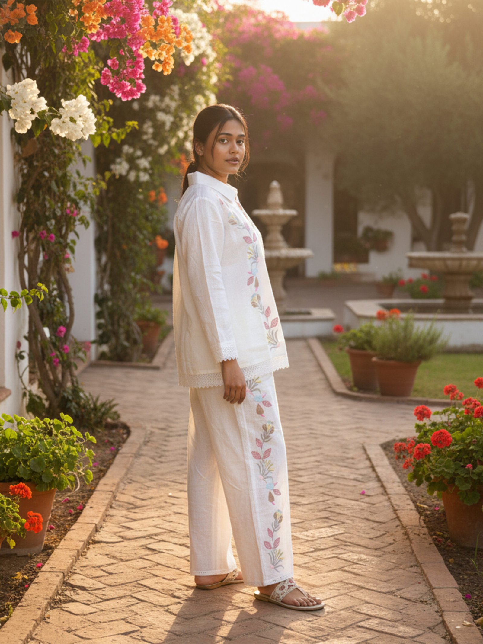 White Collared Co-ord Set with Pastel Tropical Palm Embroidery and Lace Summer Vacation Wear Women - Image 2