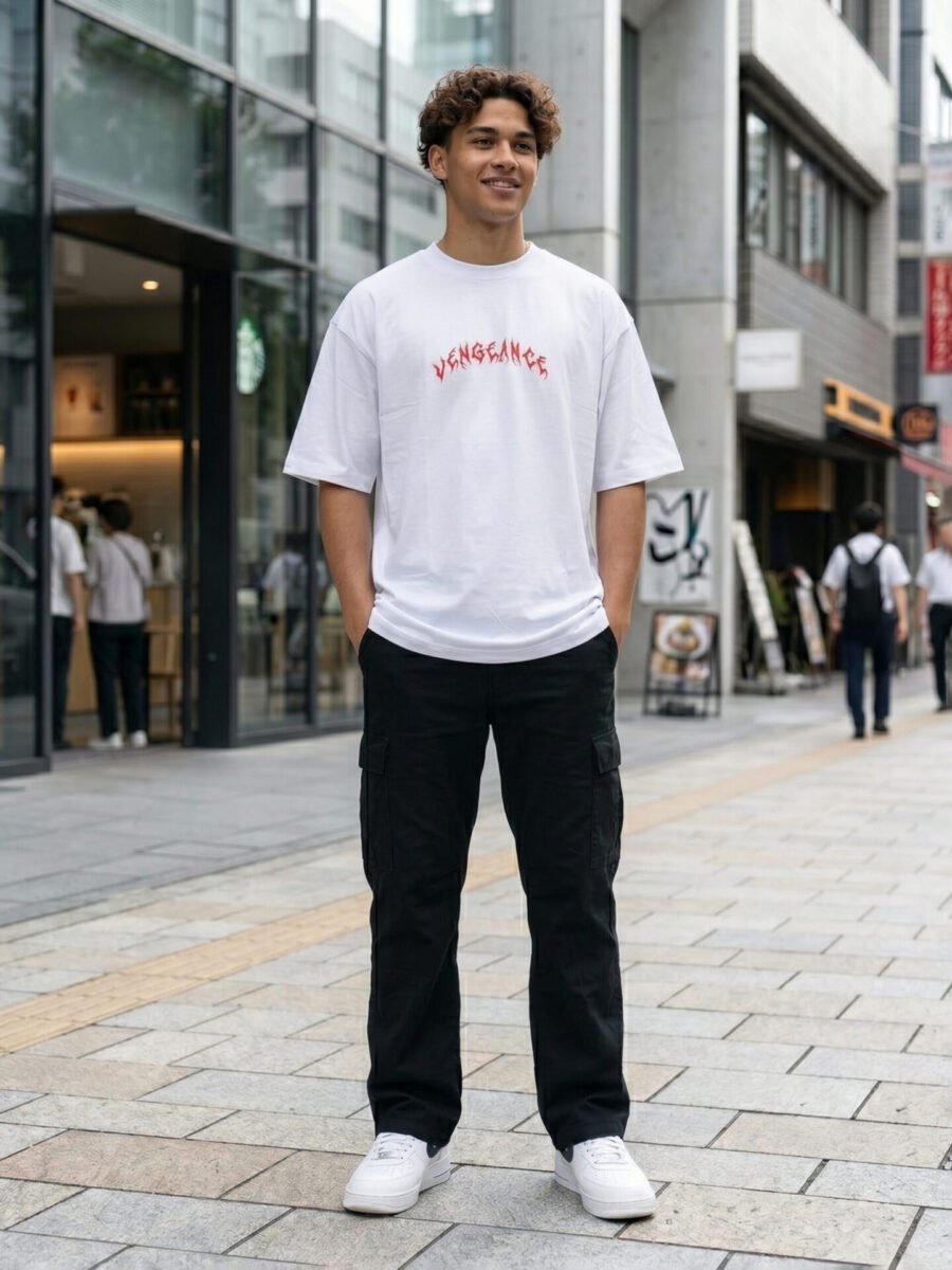 Men's White Oversized 'Vengeance' Vegeta Anime Graphic T-Shirt