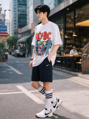 Men's White Oversized AC/DC High Voltage Graphic T-Shirt