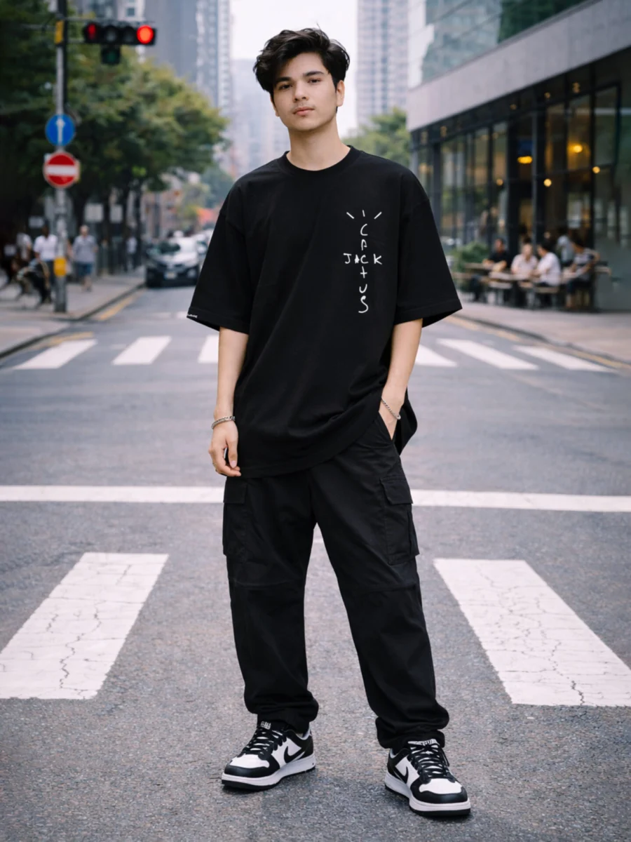 Men's Black Oversized 'Cactus Jack' Peace Quote T-Shirt