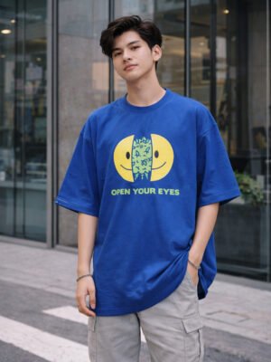 Men's Blue Oversized 'Open Your Eyes' Eco Graphic T-Shirt