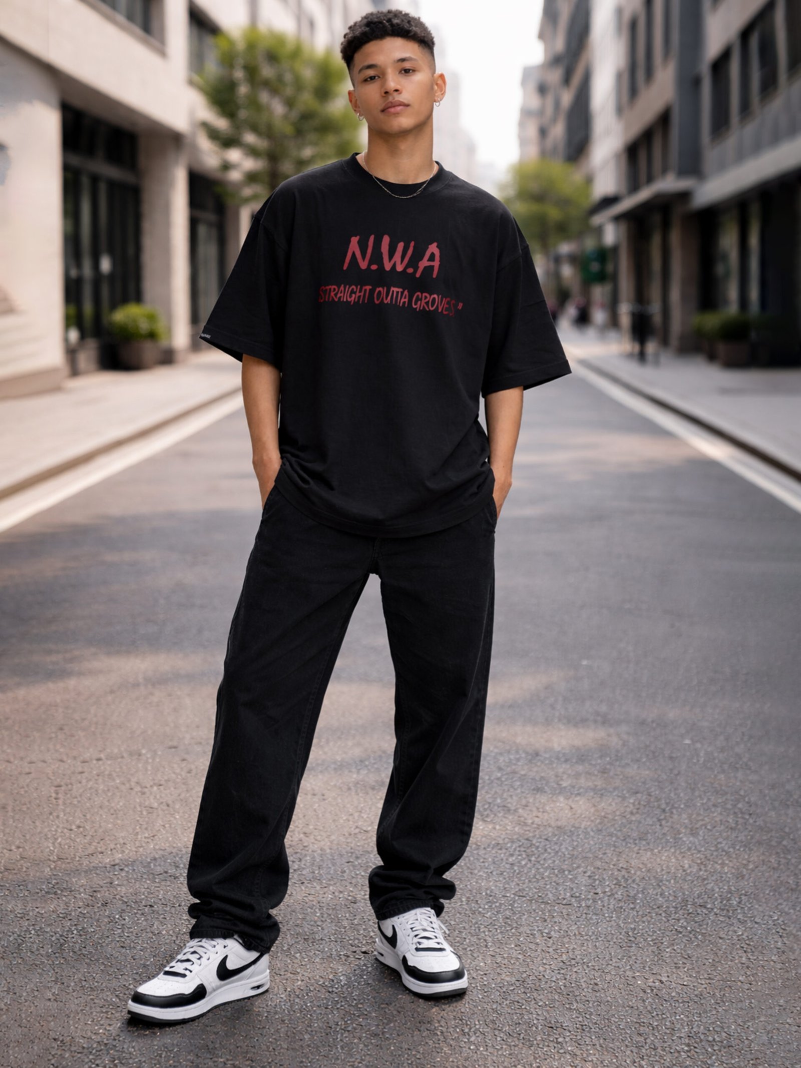 Men's Black Oversized N.W.A 'Straight Outta Grove St.' T-Shirt