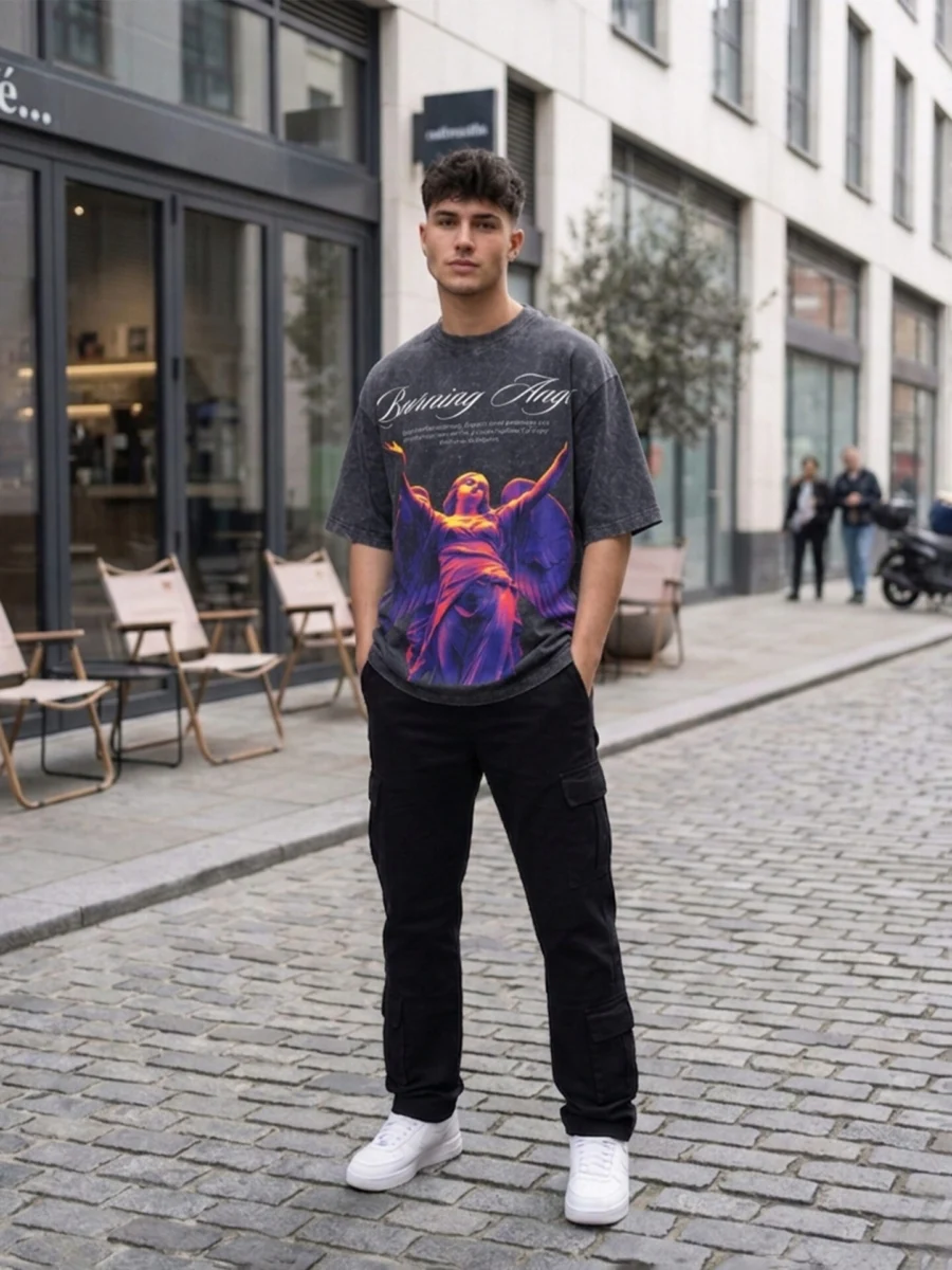 Men's Dark Wash 'Burning Angel' Graphic T-Shirt