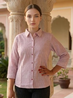 Women's Pink Classic Striped Button-Down Shirt