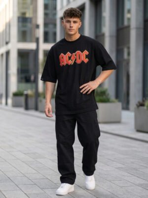 Men's Black Oversized AC/DC High Voltage Graphic T-Shirt