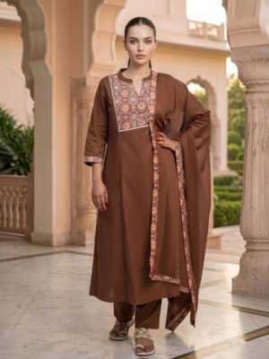 Women's Classic Brown Embroidered Kurta Suit Set