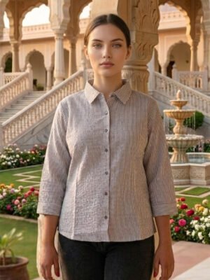 Women's Grey Classic Striped Button-Down Shirt