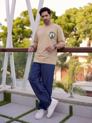 Men's Beige Oversized Boston Celtics Logo T-Shirt