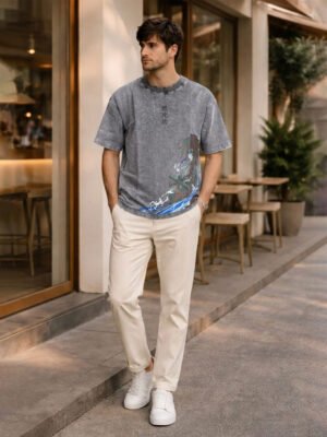 Men's Acid Wash Anime Swordsman Graphic T-Shirt