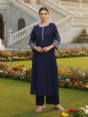 Women's Indigo Navy V-Neck Embroidered Kurta Set