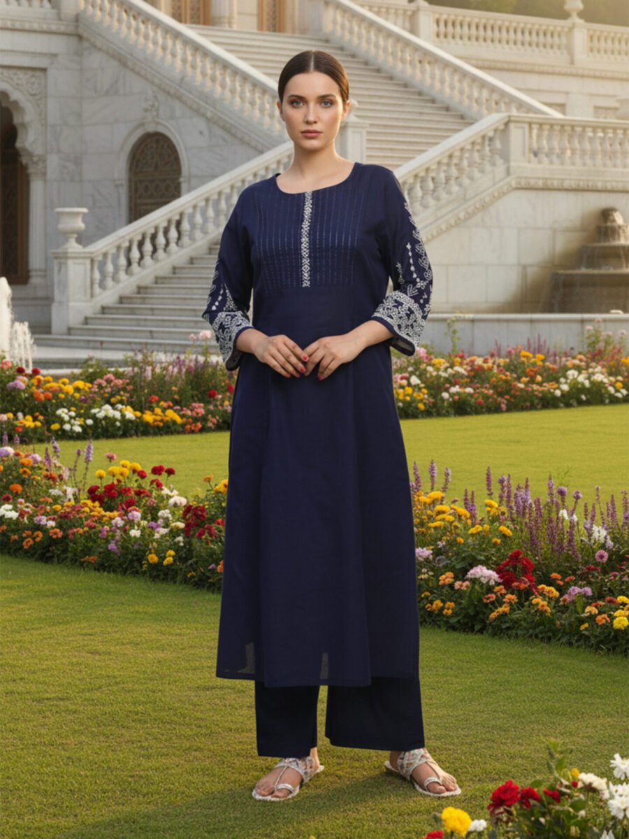 Women's Navy Blue Embellished Evening Kurta Set