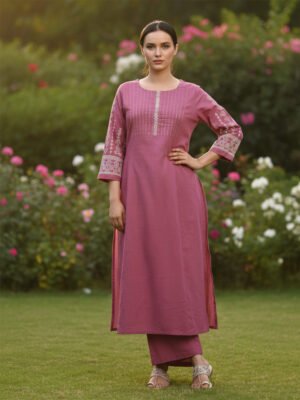 Women's Dusty Rose Embroidered Straight Kurta Set