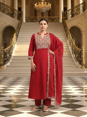 Women's Vibrant Red Embellished Festive Suit Set