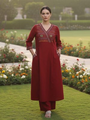 Women's Rust V-Neck Embroidered Straight Kurta Set